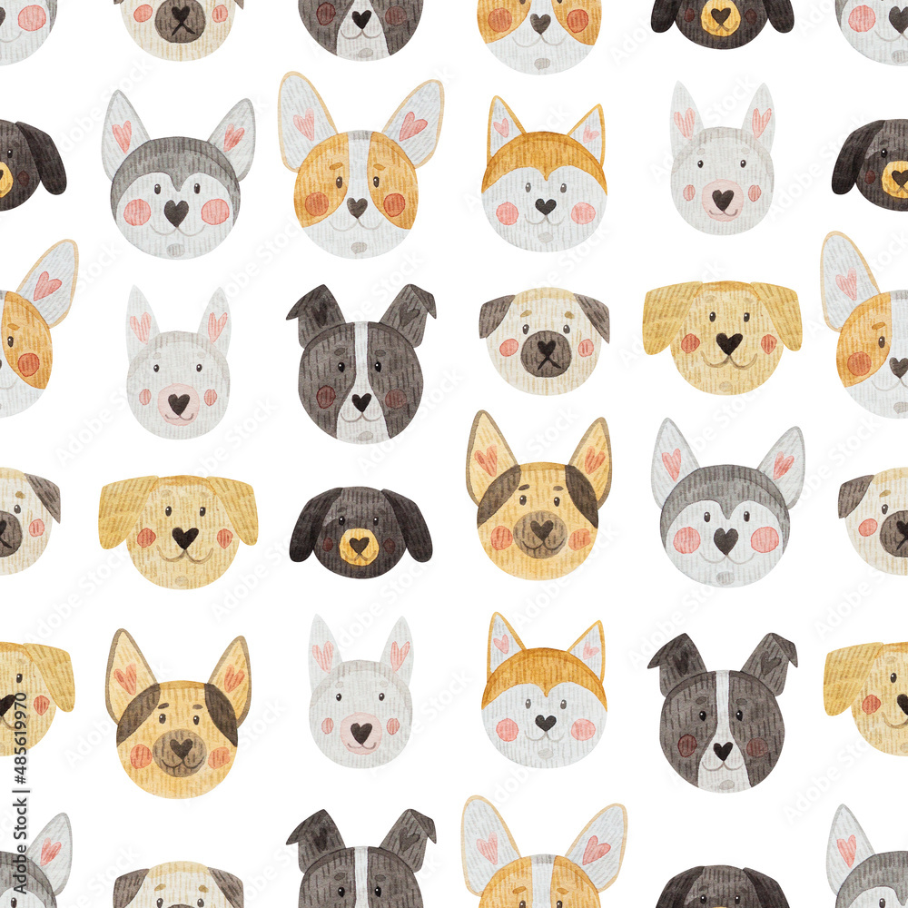 Seamless pattern with different dogs faces. Watercolor hand drawn texture with husky, corgi, akita inu, bull terrier, border collie, pug, retriever, dachshund and shepherd dog