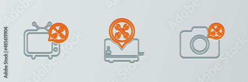 Set line Photo camera service, Tv and Toaster icon. Vector