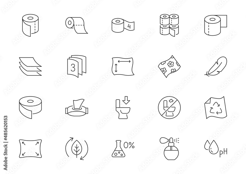 Toilet paper line icons. Vector outline illustration with icon - dispenser, tissue, biodegradable, recycled, napkin, flushable, package, feather pictogram for towel packaging. Editable Stroke Toilet paper line icons. Vector outline illustration with icon - dispenser, tissue, biodegradable, recycled, napkin, flushable, package, feather pictogram for towel packaging. Editable Stroke