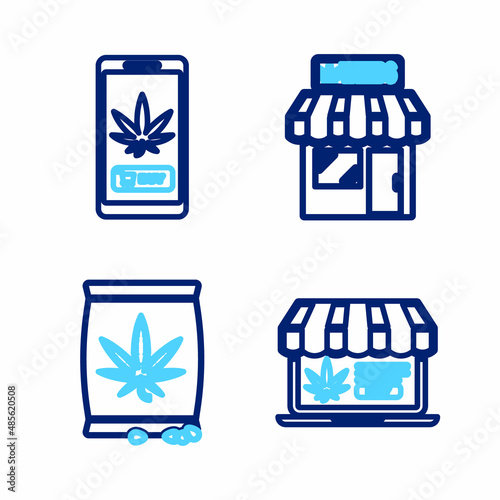 Set line Online buying marijuana, Marijuana or cannabis seeds, and store and icon. Vector