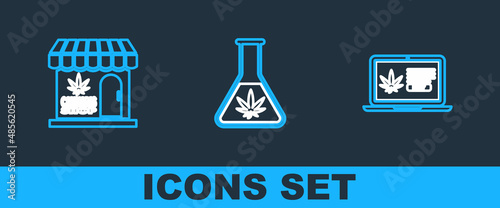 Set line Online buying marijuana, Marijuana and cannabis store and Test tube with icon. Vector
