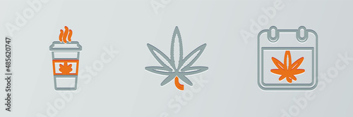 Set line Calendar and marijuana, Cup coffee with and Marijuana or cannabis leaf icon. Vector