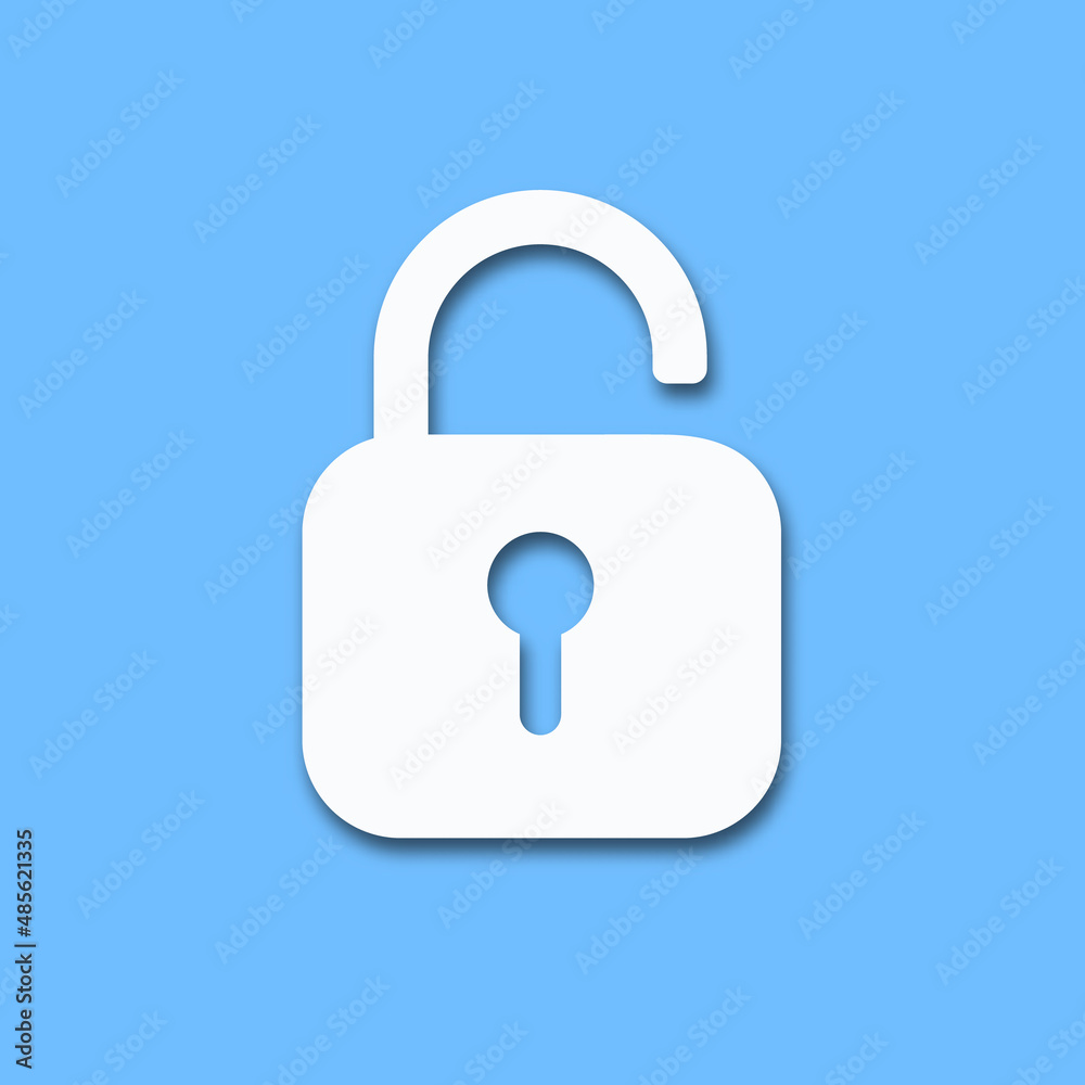 Opened lock. Unlock icon for website. Paper cut style padlock icon with shadow. Security concept. Vector illustration Opened lock. Unlock icon for website. Paper cut style padlock icon with shadow. Security concept. Vector illustration