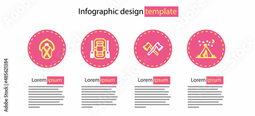 Set line Crossed wooden axe, Tourist tent with flag, Rafting boat and Canteen water bottle icon. Vector