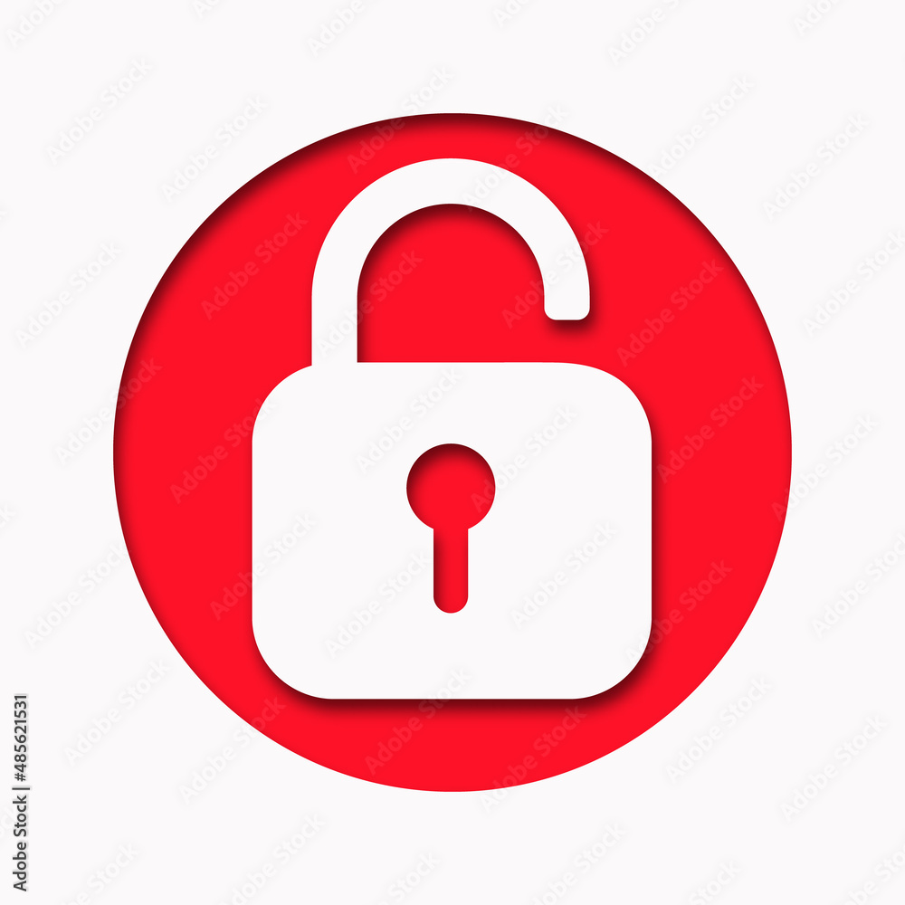 Opened lock. Unlock icon for website. Paper cut style padlock icon with shadow. Security concept. Vector illustration Opened lock. Unlock icon for website. Paper cut style padlock icon with shadow. Security concept. Vector illustration