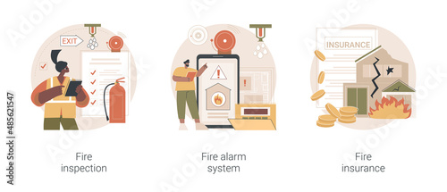 Fire prevention abstract concept vector illustration set. Fire inspection, alarm system and property insurance, smoke sensor, emergency plan, damage coverage, accident policy abstract metaphor.