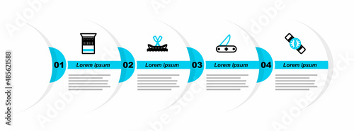 Set line Compass, Swiss army knife, Rafting boat and Open matchbox and matches icon. Vector