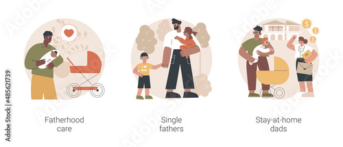 Fathers role abstract concept vector illustration set. Fatherhood care, single fathers, stay-at-home dads, happy kid, parental leave, spend time with child, man feeding baby abstract metaphor.