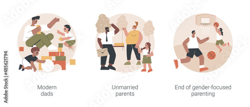 Parenting roles abstract concept vector illustration set. Modern dads, unmarried parents, end of gender-focused parenting, gender equality, active family, partners living together abstract metaphor.
