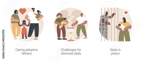Father in kids life abstract concept vector illustration set. Caring adoptive fathers, challenges for divorced dads, dads in prison, foster care, family instability, child custody abstract metaphor.