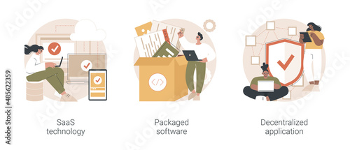 Application service abstract concept vector illustration set. SaaS technology, packaged software, decentralized application, cloud computing, software licensing, subscription abstract metaphor.