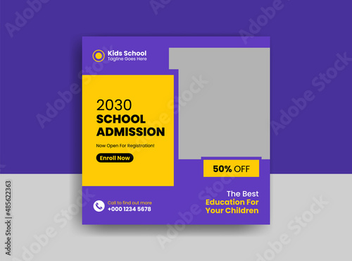 School admission square banner. Back to school get admission promotion social media post banner template. School admission Editable minimal square banner template.