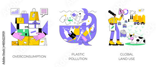 Global pollution problem abstract concept vector illustration set. Overconsumption and plastic pollution, global land use, globalization and food production, overpopulation problem abstract metaphor.