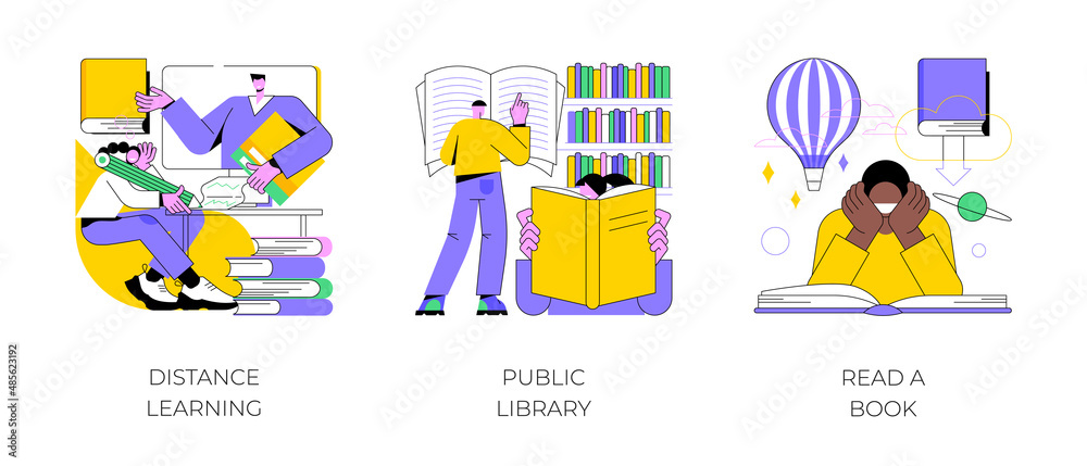 Off campus learning abstract concept vector illustration set. Distance learning, public library, read a book, off campus learning, tutoring and workshop, download e-book, homework abstract metaphor.
