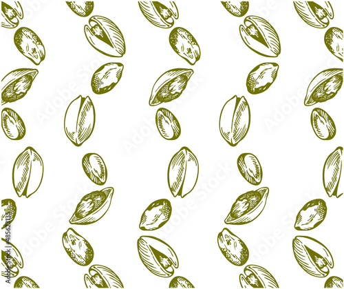Sketch hand drawn pattern of green pistachio nuts isolated on white background. Engraved drawing nut wallpaper. Organic vegan food packaging. Vector illustration.