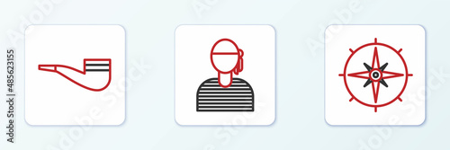 Set line Wind rose, Smoking pipe and Sailor captain icon. Vector