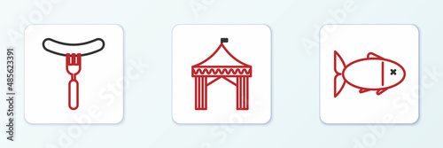 Set line Fish, Sausage on the fork and Camping tent icon. Vector