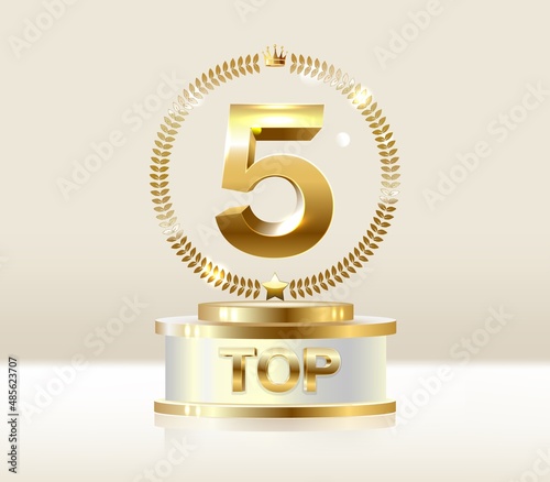 Top 5 best podium award sign, golden object.