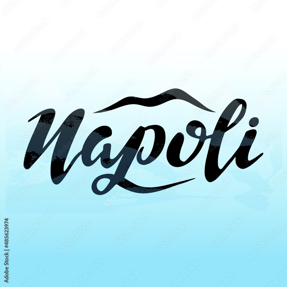 Napoli Italian city. Digital hand-lettering with art elements. Traveling. Black letters on blue white background with wave texture for cards, brochures, travel agency, banners posters Napoli Italian city. Digital hand-lettering with art elements. Traveling. Black letters on blue white background with wave texture for cards, brochures, travel agency, banners posters
