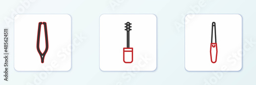 Set line Nail file, Eyebrow tweezers and Mascara brush icon. Vector