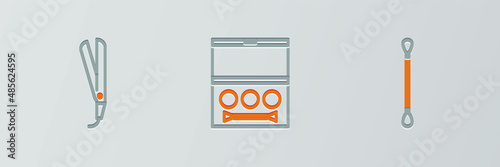 Set line Cotton swab for ears, Curling iron and Eye shadow palette icon. Vector