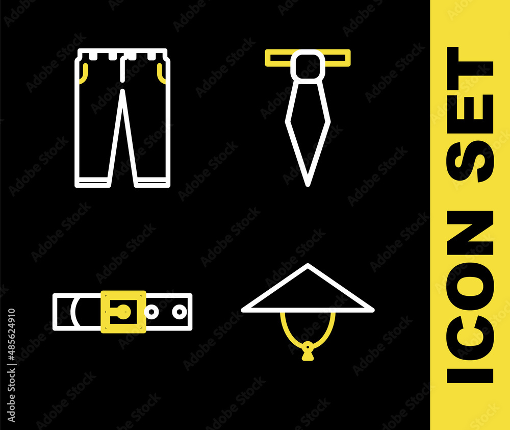 Set line Tie, Asian conical hat, Leather belt and Pants icon. Vector
