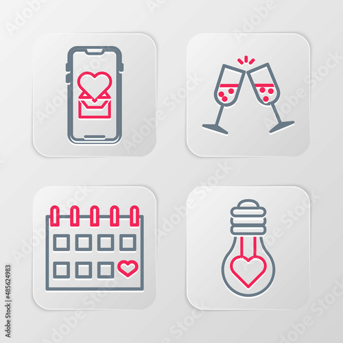 Set line Heart shape in light bulb  Calendar with heart  Glass of champagne and Mobile icon. Vector