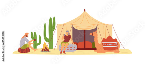 Desert camp with tent and camel, flat vector illustration isolated on white.