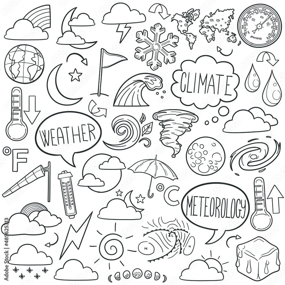 Wather Doodle Icons. Hand Made Line Art. Meteorology Clipart Logotype Symbol Design.