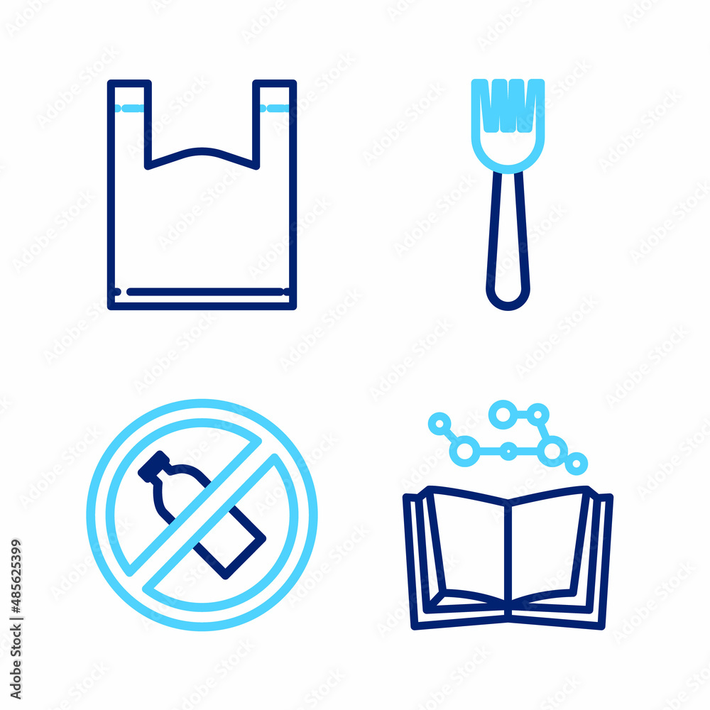 Set line Open book, No plastic bottle, Disposable fork and Plastic bag icon. Vector