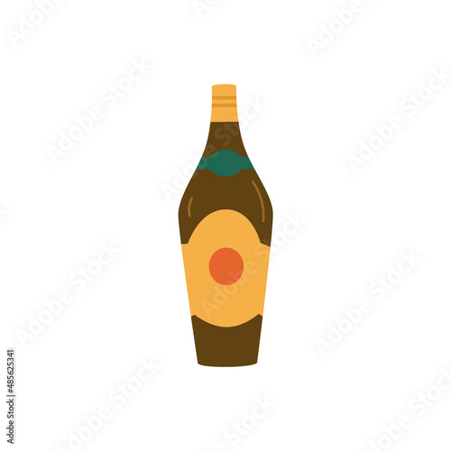 Rum bottle, flat vector illustration isolated on white background. Alcohol liquor in brown glass bottle, cartoon icon.