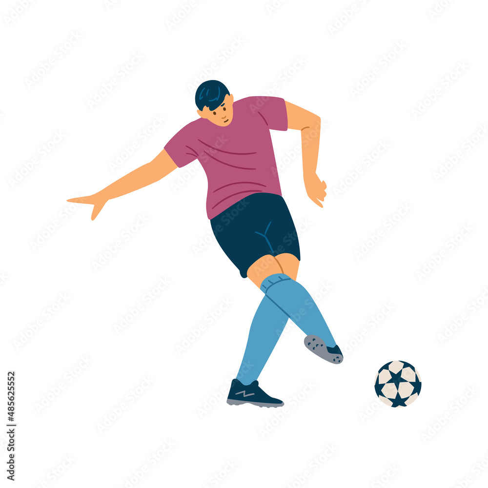 Football or soccer team player kicking ball, flat vector illustration isolated.