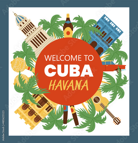 Welcome to Cuba and Havana square banner or postcard, flat vector illustration.