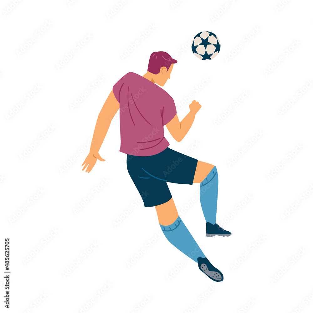 Soccer player throws the ball up in the air, flat vector illustration isolated on white background. Soccer player throws the ball up in the air, flat vector illustration isolated on white background.