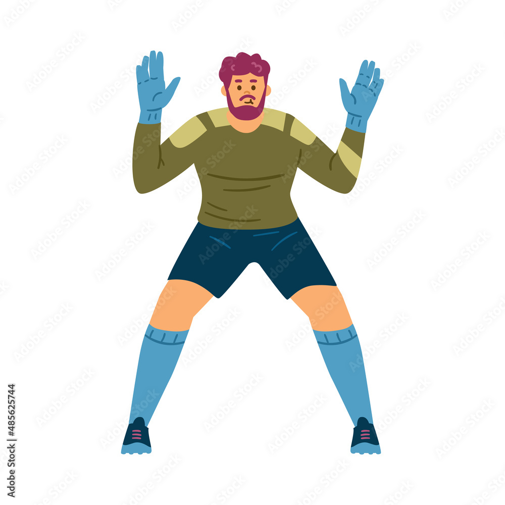 Goalkeeper getting ready to catch the ball during soccer game. flat vector illustration isolated on white background. Goalkeeper getting ready to catch the ball during soccer game. flat vector illustration isolated on white background.