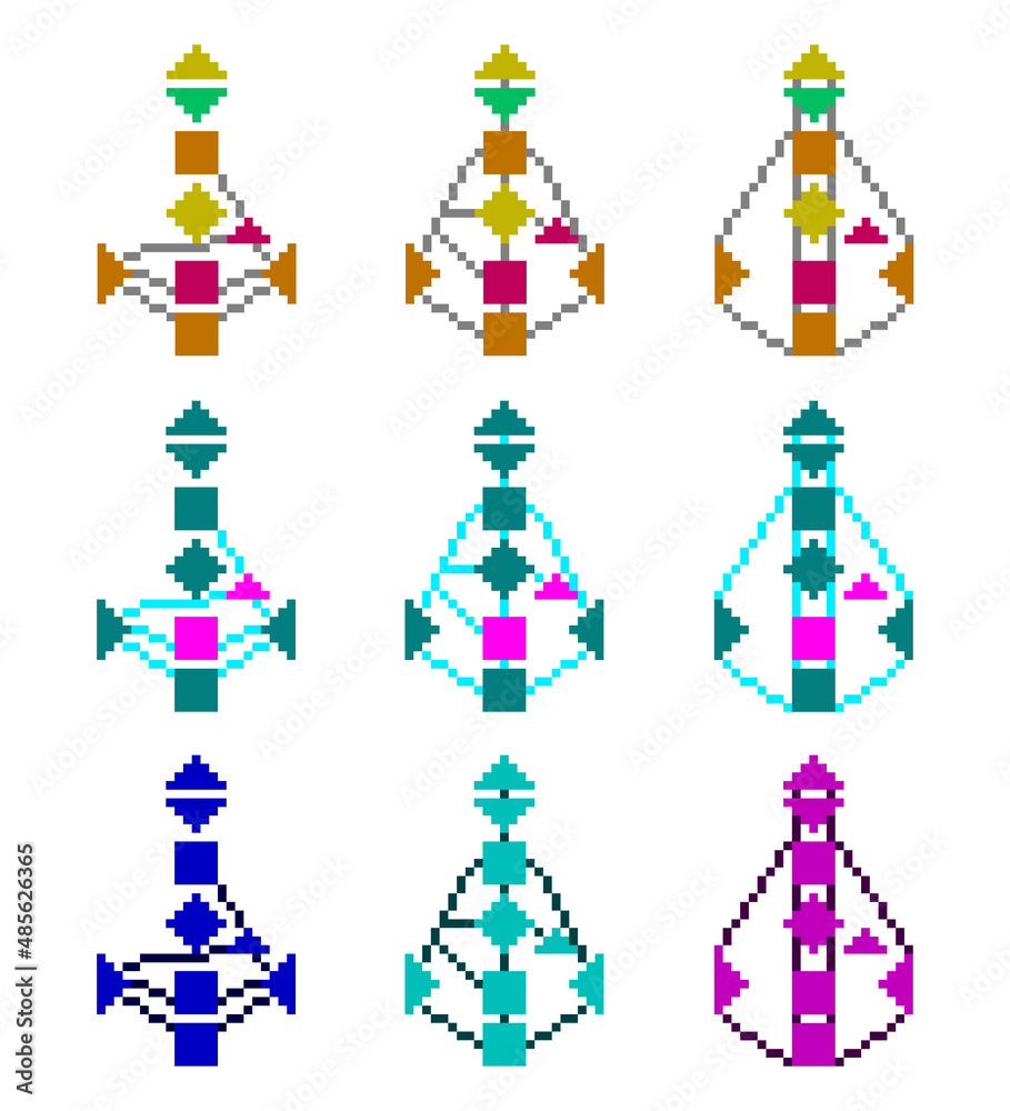 Pixel art bodygraph. Stylized human design color rave chart, editable. Circuit groups - tribal, individual, collective streams
