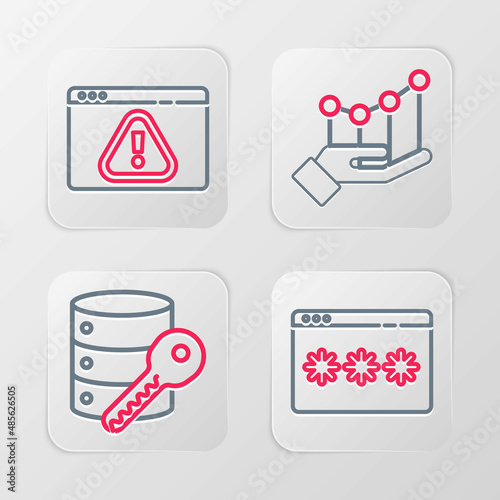 Set line Password protection, Server security with key, Pie chart infographic and Browser exclamation mark icon. Vector