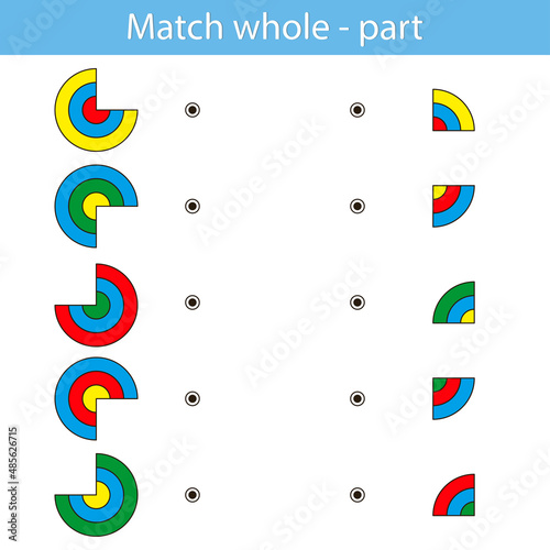 Education game for kids development of logic iq. Kids activity sheet. Find Match whole - part. Children funny riddle entertainment. Vector illustration