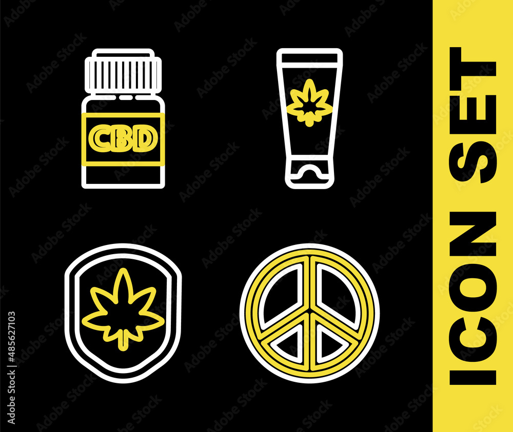 Set line Medical cream with marijuana, Peace, Shield and leaf and bottle cannabis icon. Vector