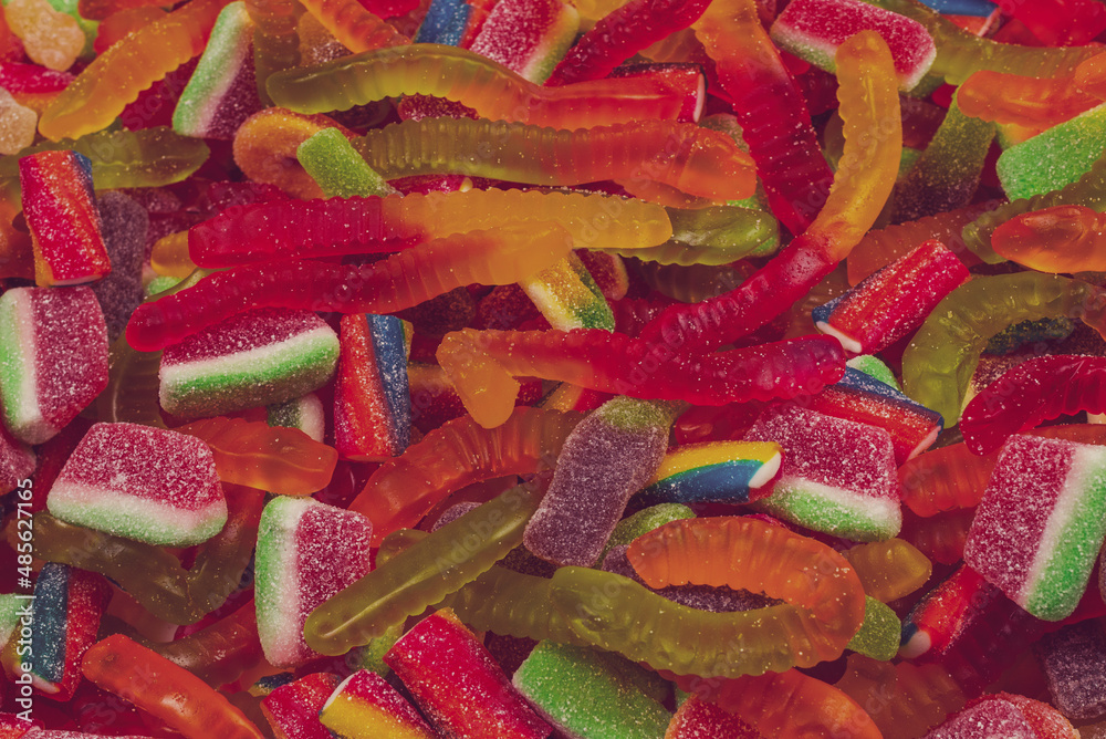 Assorted gummy candies. Top view. Jelly  sweets background.