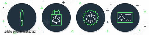 Set line Shopping paper bag of marijuana, Marijuana or cannabis leaf, joint and Calendar and icon. Vector