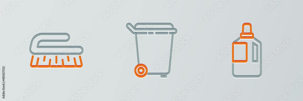 Set line Fabric softener, Brush for cleaning and Trash can icon. Vector