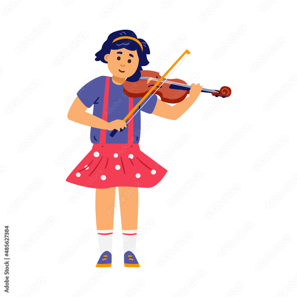 Little girl wearing polka dot skirt playing violin music instrument, isolated on white background. Vector illustration. Little girl wearing polka dot skirt playing violin music instrument, isolated on white background. Vector illustration.