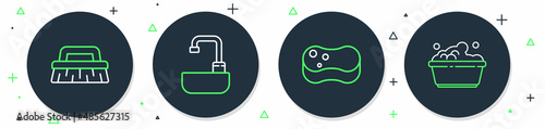 Set line Washbasin with water tap, Sponge, Brush for cleaning and Plastic soap suds icon. Vector