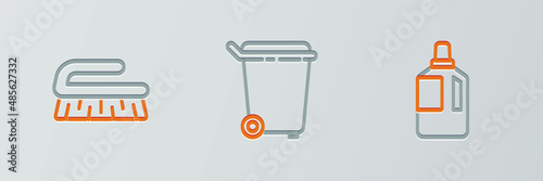 Set line Fabric softener, Brush for cleaning and Trash can icon. Vector