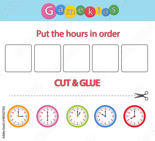 Game for children to learn time. Cut and paste. Put the hours in order. Vector illustration