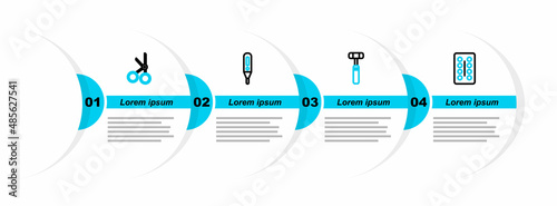 Set line Pills in blister pack, Neurology reflex hammer, Medical digital thermometer and scissors icon. Vector