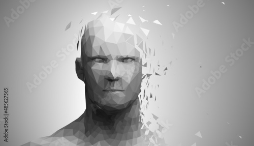 Human head, low poly style 3d vector wireframe object broken into different particles.