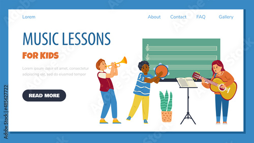 Kids play guitar, trumpet and tambourine on music lessons. Black and white boys and girl at music school classes.