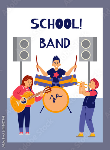 Teenage music band playing on the stage. School ball concert cartoon vector poster. Children illustration.